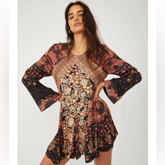Free People Floral Bell Sleeve Stevie Dress in Black combo - Picture 2 of 15